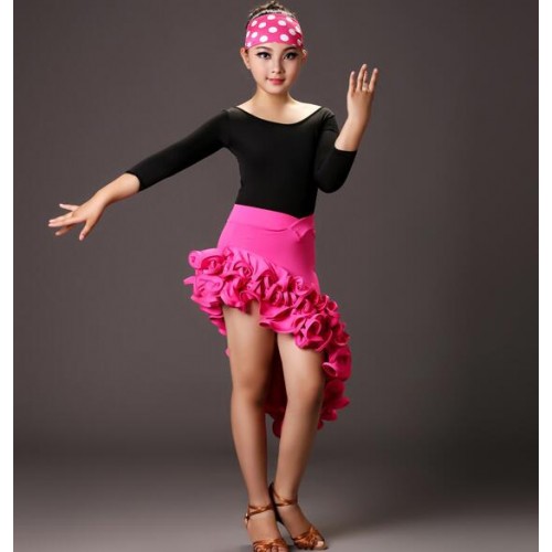 Fuchsia hot pink red turquoise blue black patchwork ruffles skirts girls kids children latin dance dresses set 